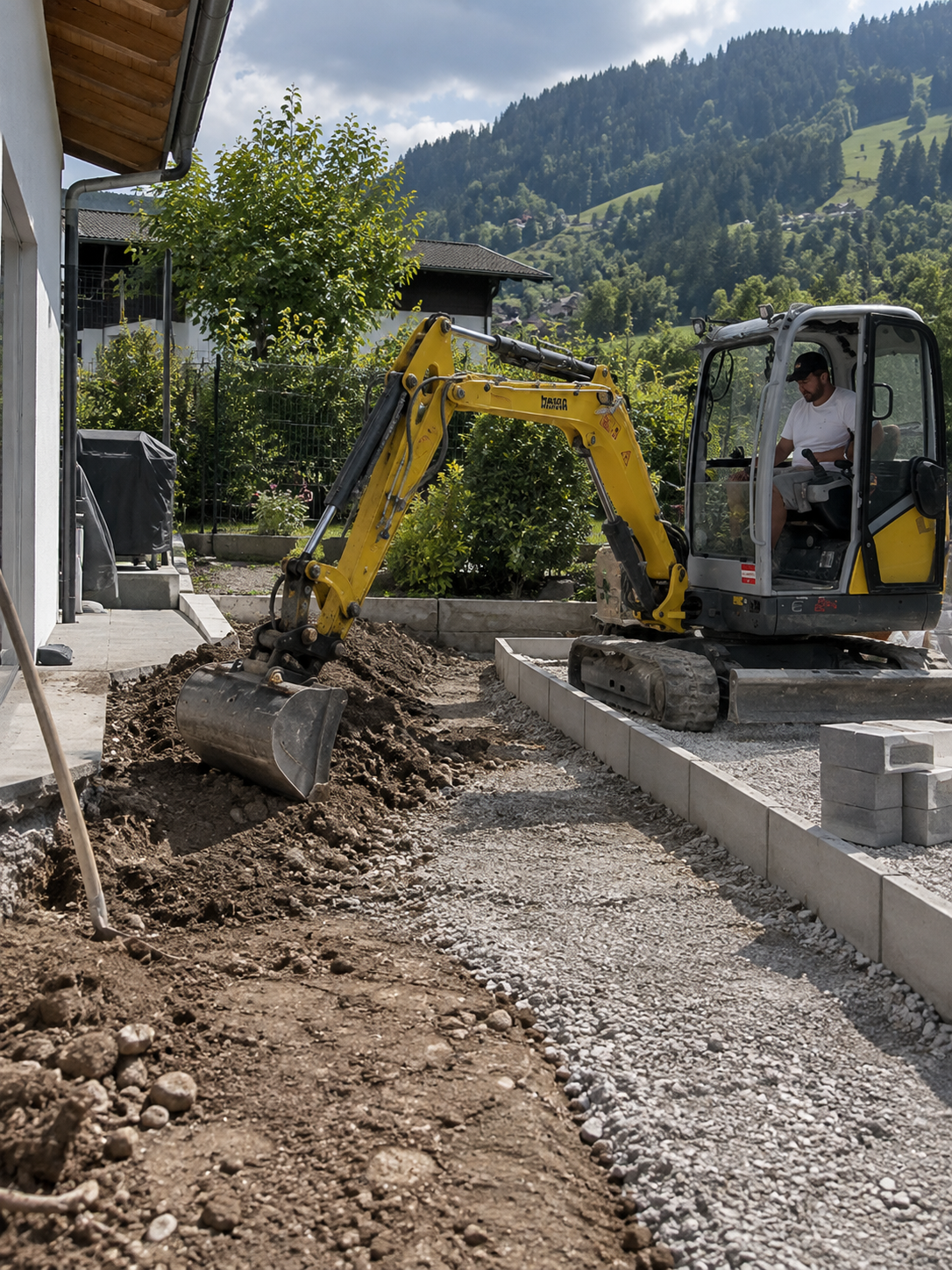 Unterbau und Erdarbeiten bei einer Pflasterfläche