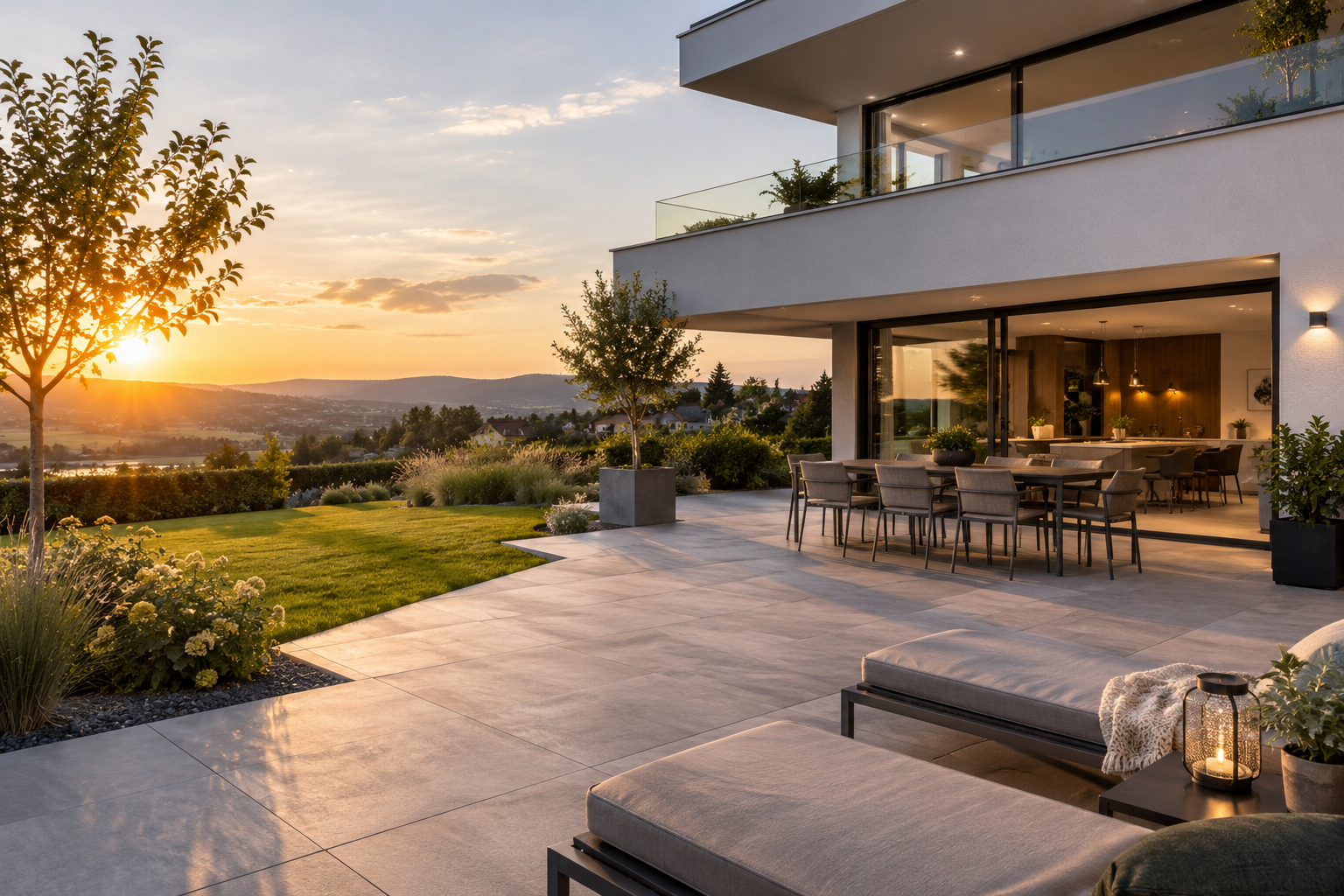 Moderne Terrasse mit großformatigen Terrassenplatten und Garten